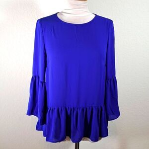 J.Crew Women’s Top Royal Blue XS 3/4 Length Bell Sleeve Ruffle Peplum Blouse